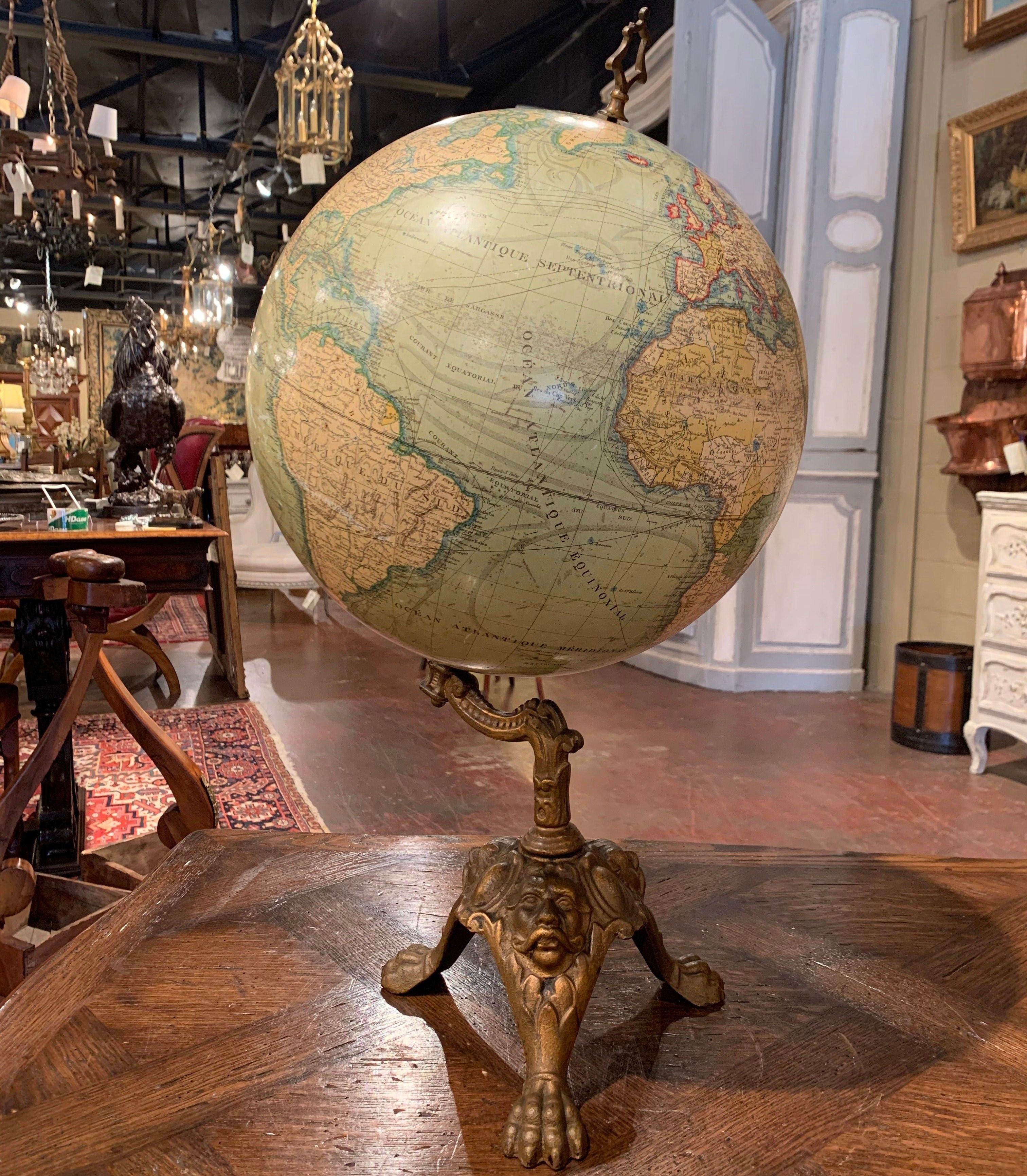 19th Century French Terrestrial Globe on Iron Stand Signed J. Lebegue & Cie 1