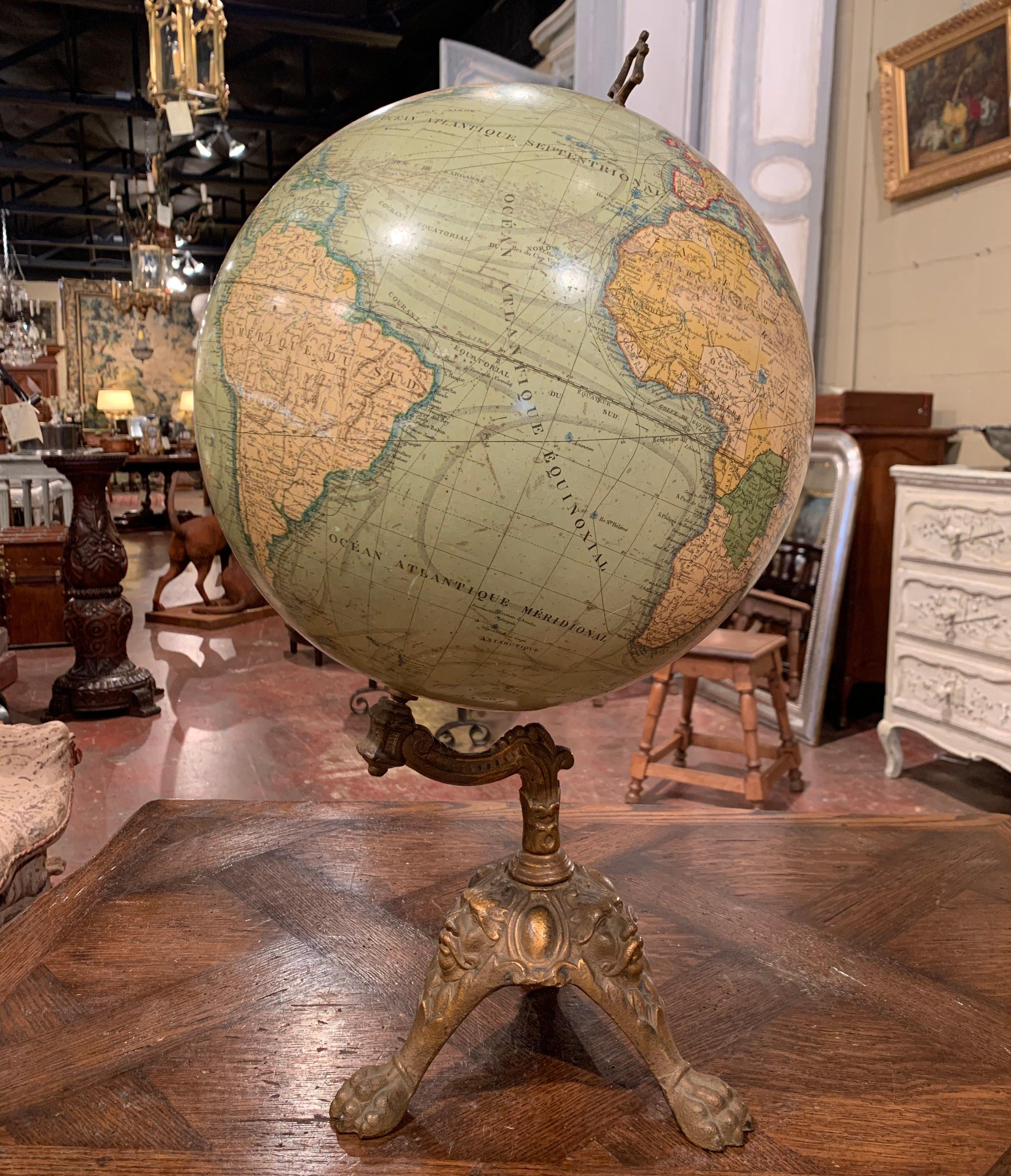 Hand-Crafted 19th Century French Terrestrial Globe on Iron Stand Signed J. Lebegue & Cie