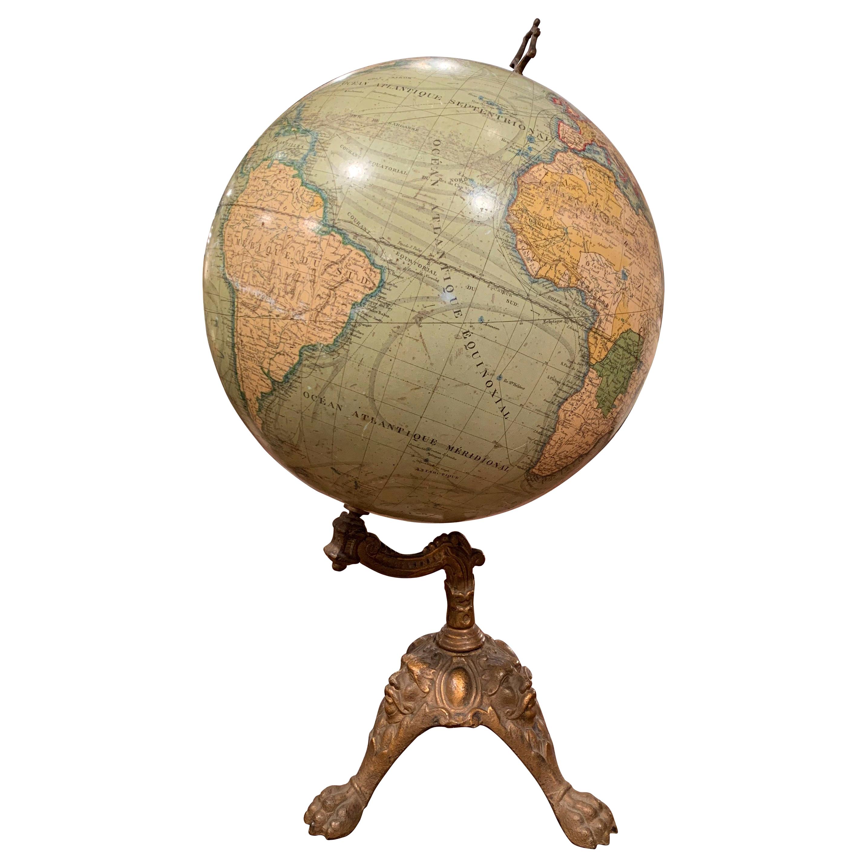 19th Century French Terrestrial Globe on Iron Stand Signed J. Lebegue & Cie