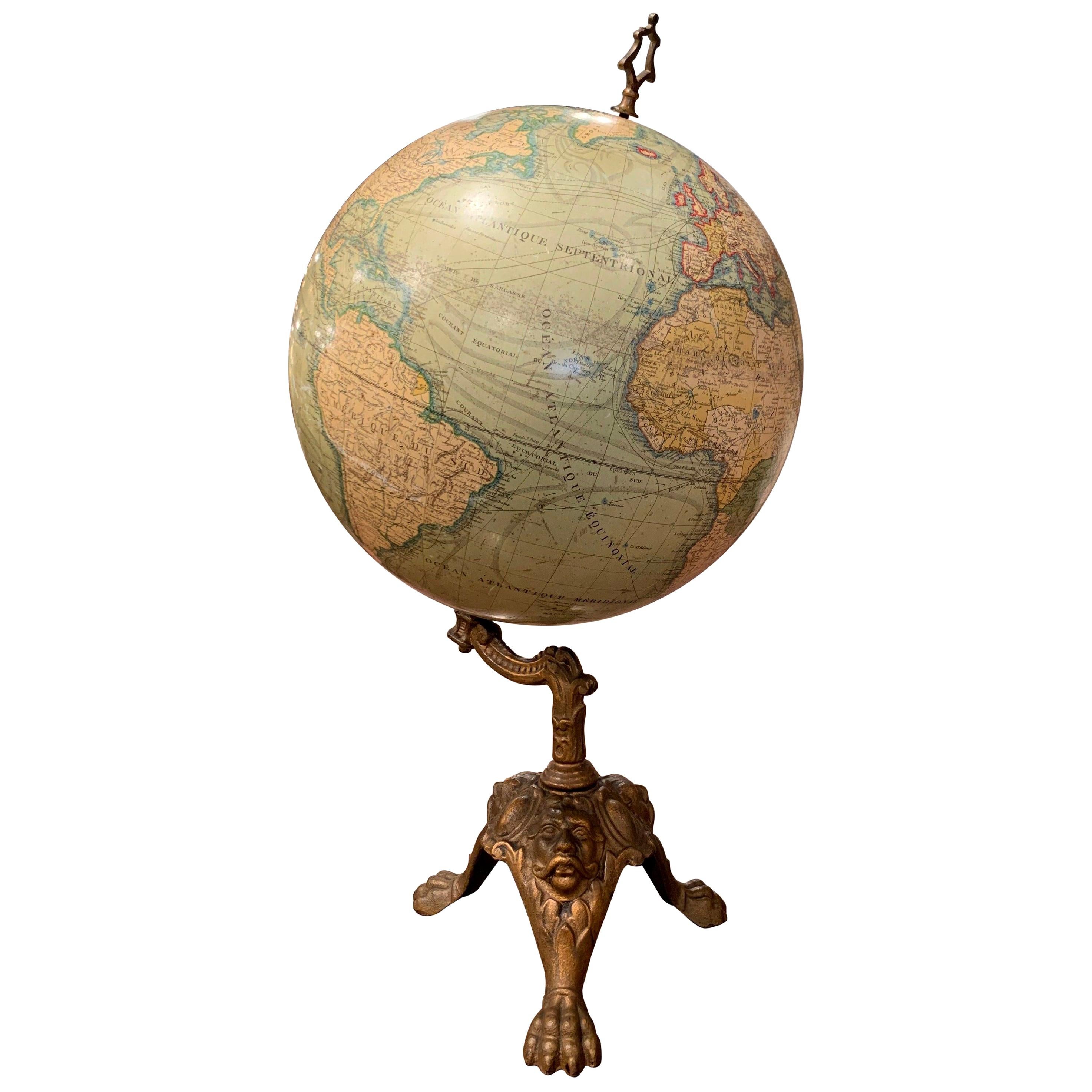 19th Century French Terrestrial Globe on Iron Stand Signed J. Lebegue & Cie