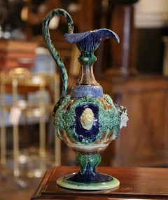 19th Century French Thomas Sergent Hand Painted Faience Barbotine Ewer