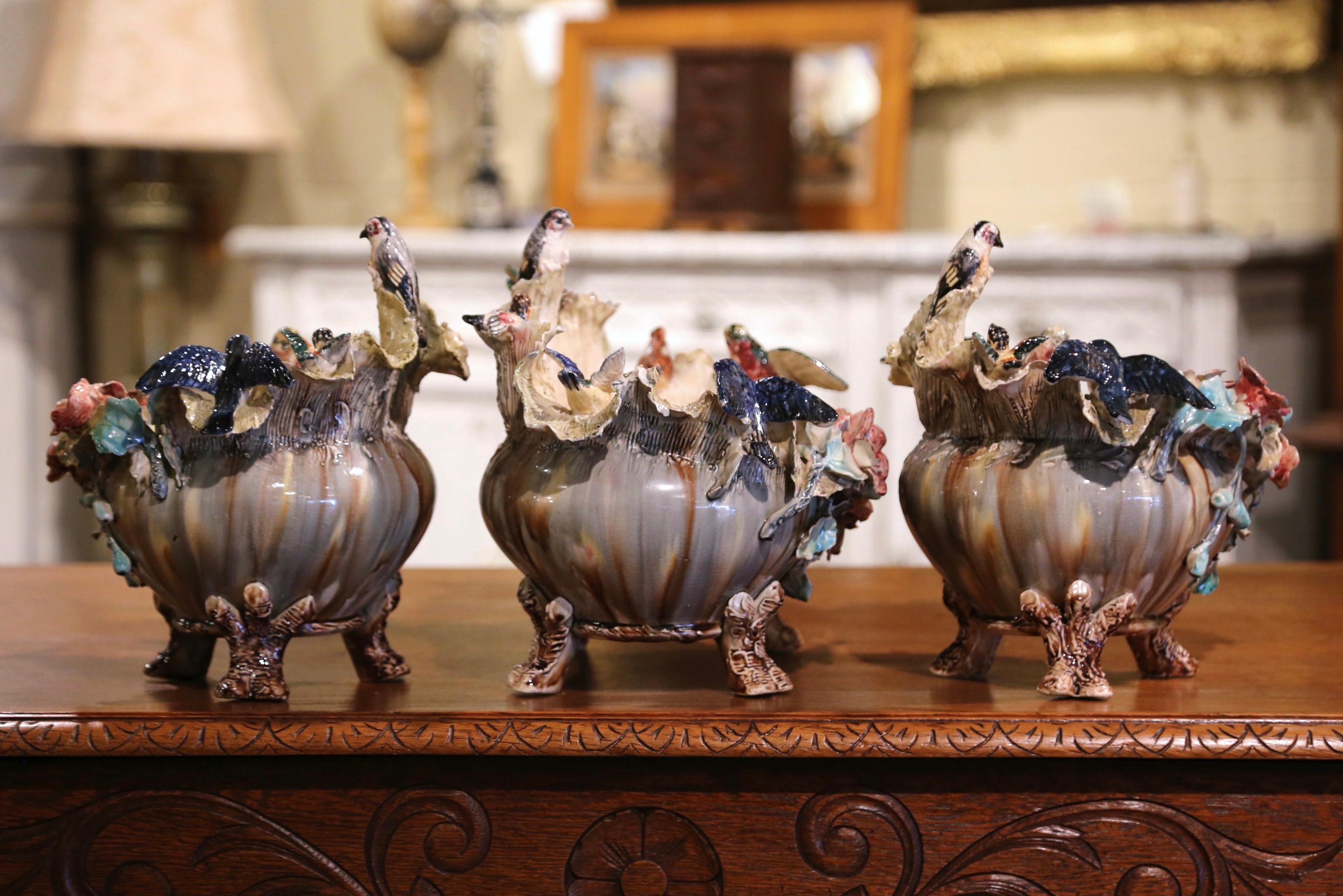 19th Century French Three-Piece Barbotine Vases with Bird and Floral Motifs 6