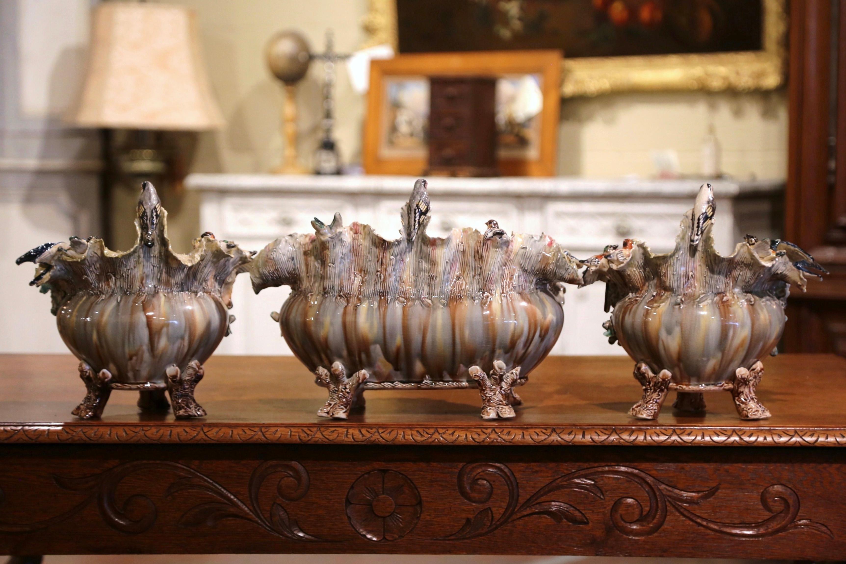 19th Century French Three-Piece Barbotine Vases with Bird and Floral Motifs 8