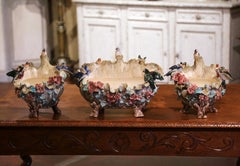 19th Century French Three-Piece Barbotine Vases with Bird and Floral Motifs