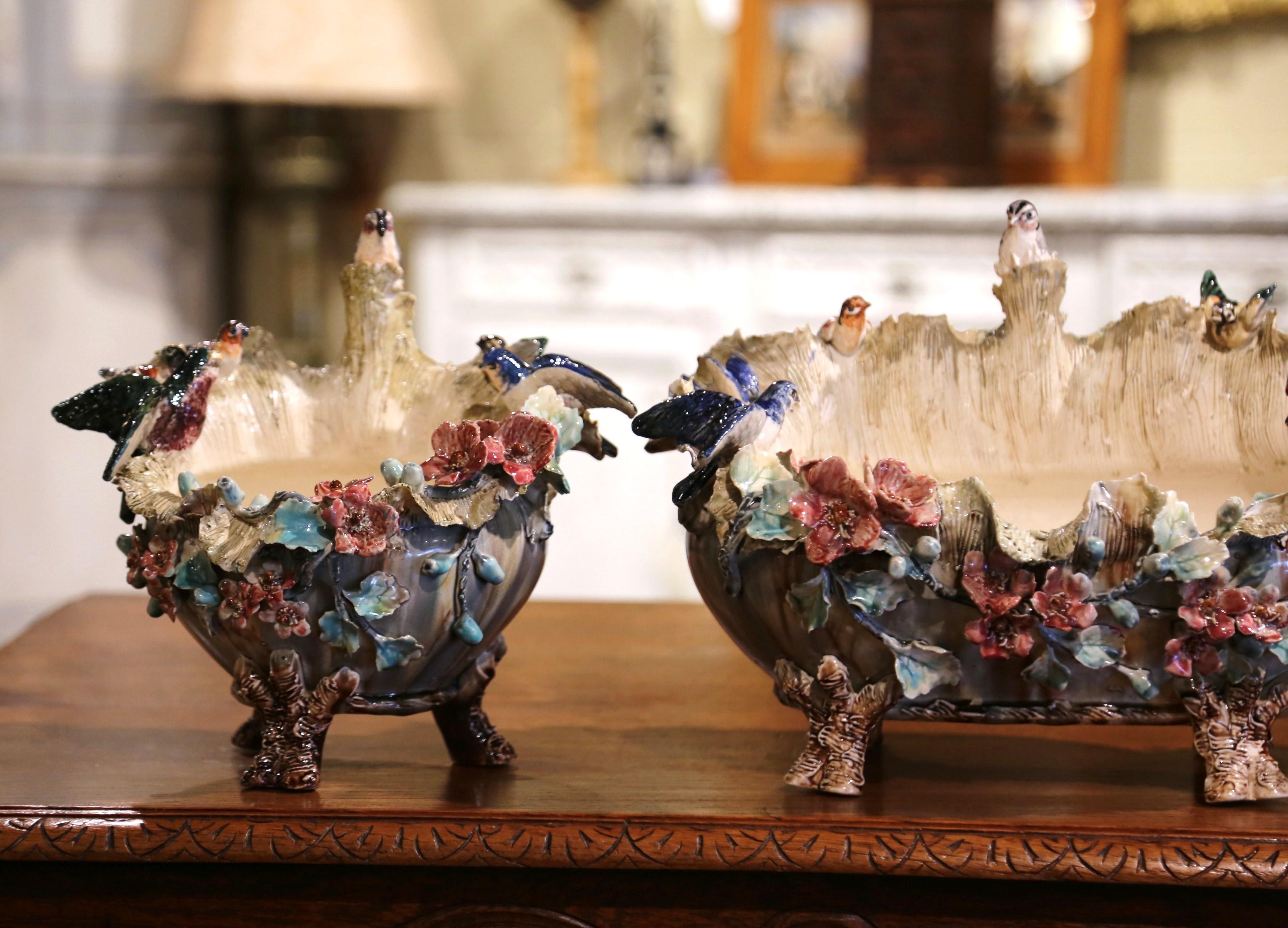 Hand-Crafted 19th Century French Three-Piece Barbotine Vases with Bird and Floral Motifs