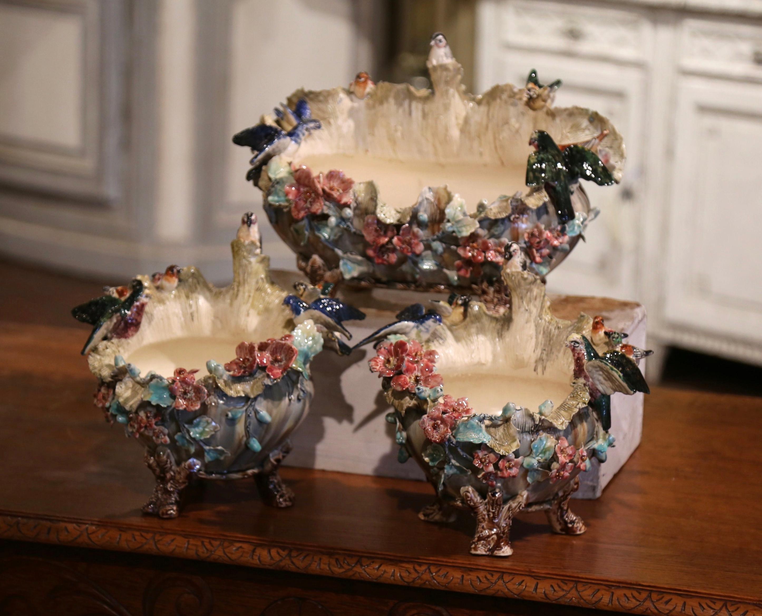 19th Century French Three-Piece Barbotine Vases with Bird and Floral Motifs 4