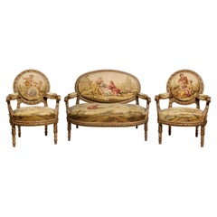 Französische dreiteilige Salon-Suite des 19. Jahrhunderts, Original-Wandteppichstoff, vergoldetes Holz
