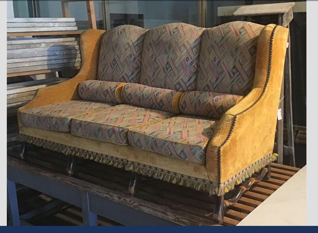 19th century French three-seat sofa with wooden structure and original fabric from 1890s.