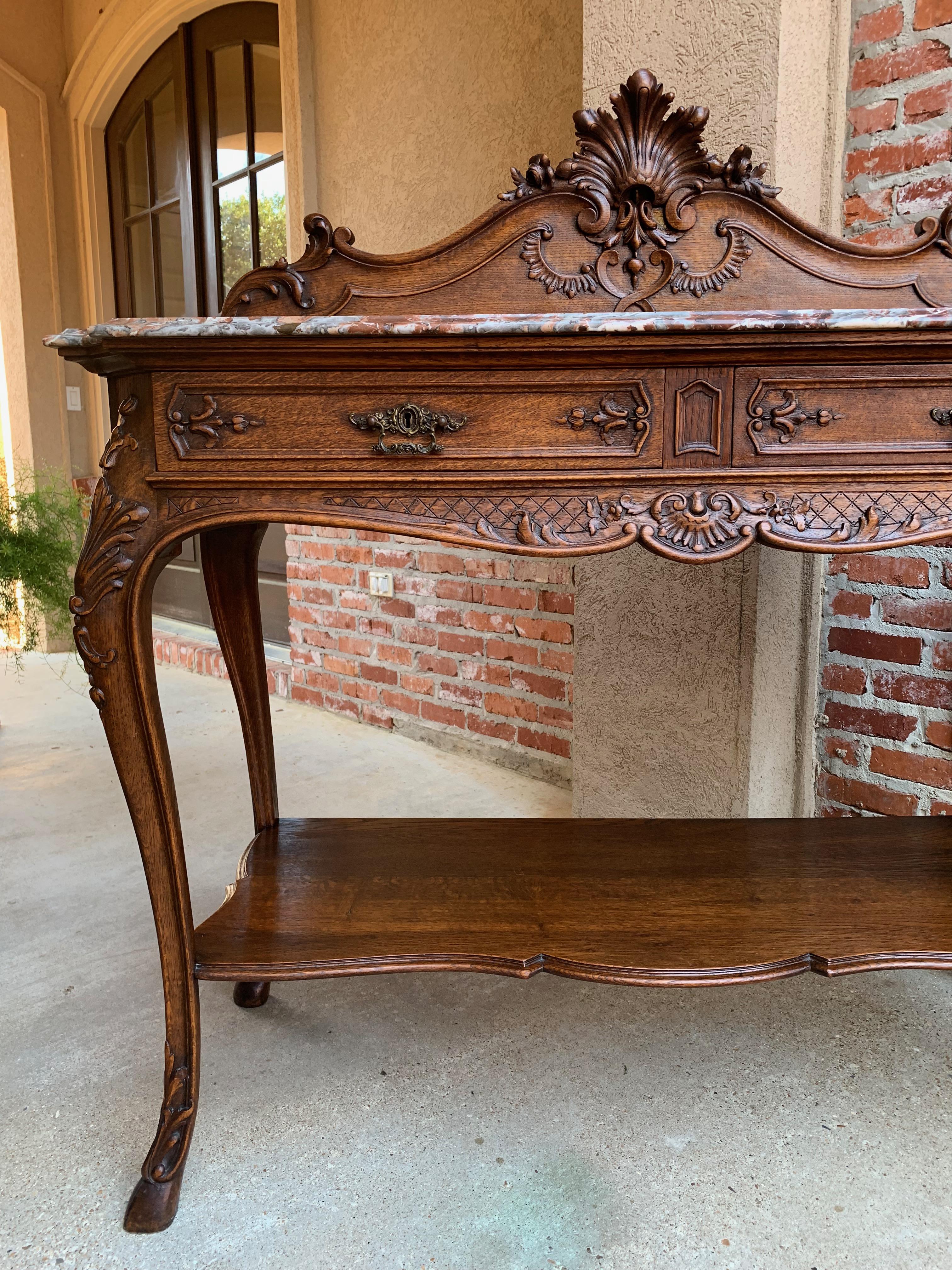 Hand-Carved 19th Century French Tiger Oak Carved Sideboard Buffet Louis XV Marble Table