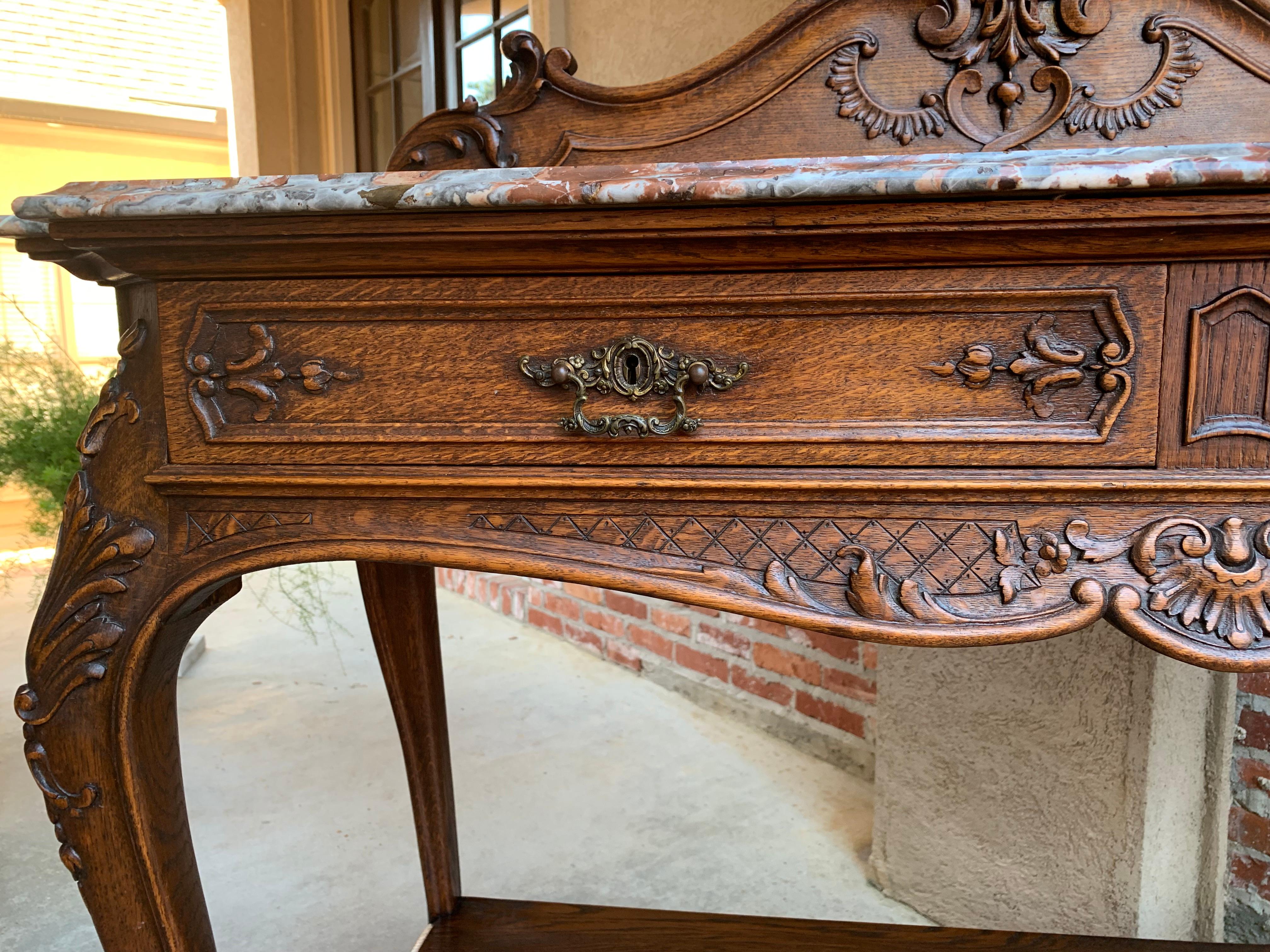 19th Century French Tiger Oak Carved Sideboard Buffet Louis XV Marble Table In Good Condition In Shreveport, LA