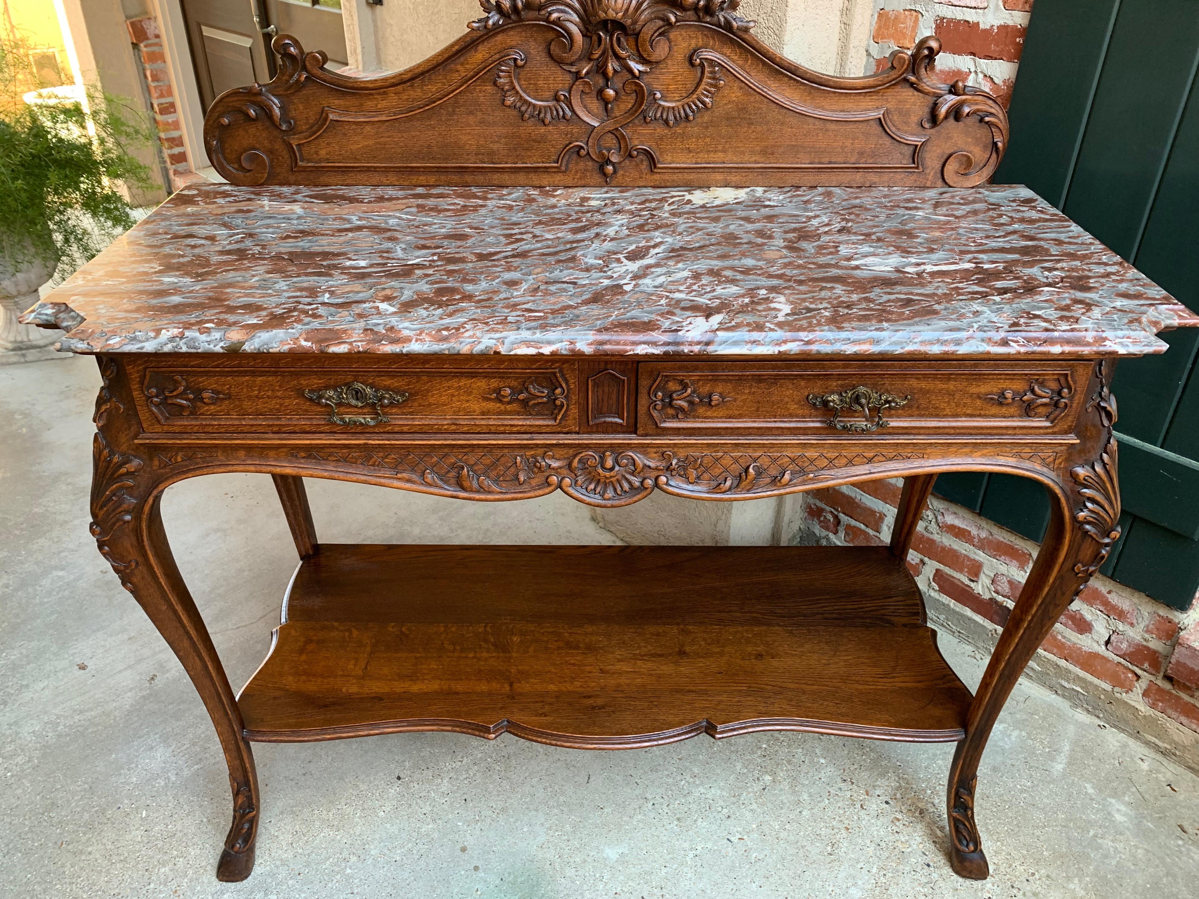 19th Century French Tiger Oak Carved Sideboard Buffet Louis XV Marble Table 2