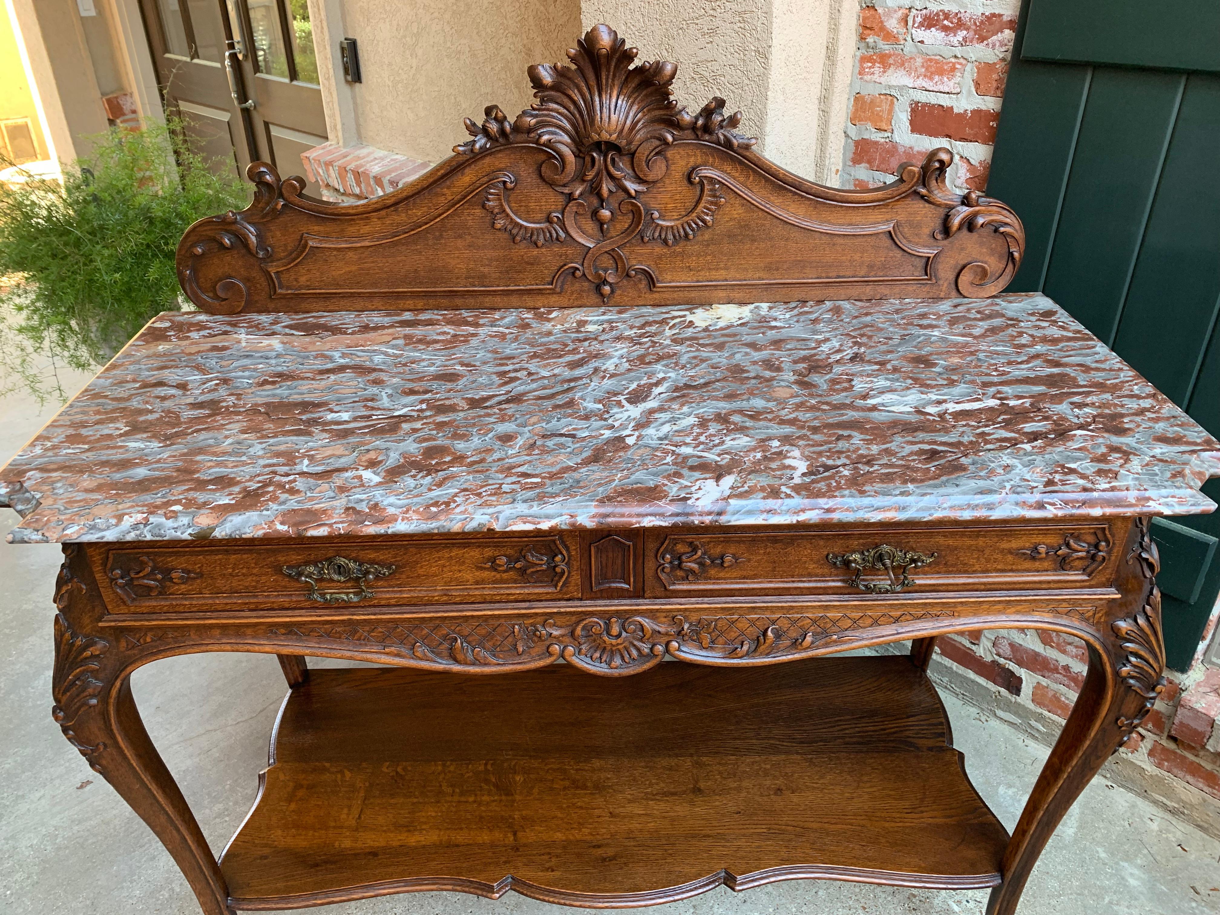 19th Century French Tiger Oak Carved Sideboard Buffet Louis XV Marble Table 4