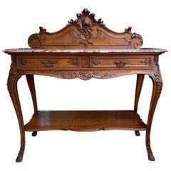 19th Century French Tiger Oak Carved Sideboard Buffet Louis XV Marble Table