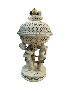 19th Century French Tin Glazed Creamware Centerpiece Adorned With Putti Supports