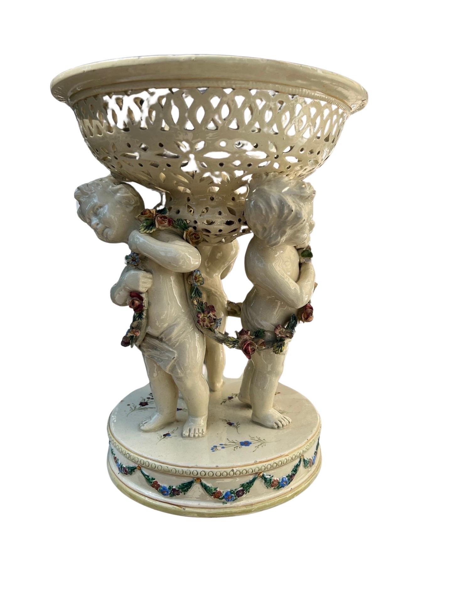 19th Century French Tin Glazed Creamware Centerpiece Adorned With Putti Supports For Sale 5