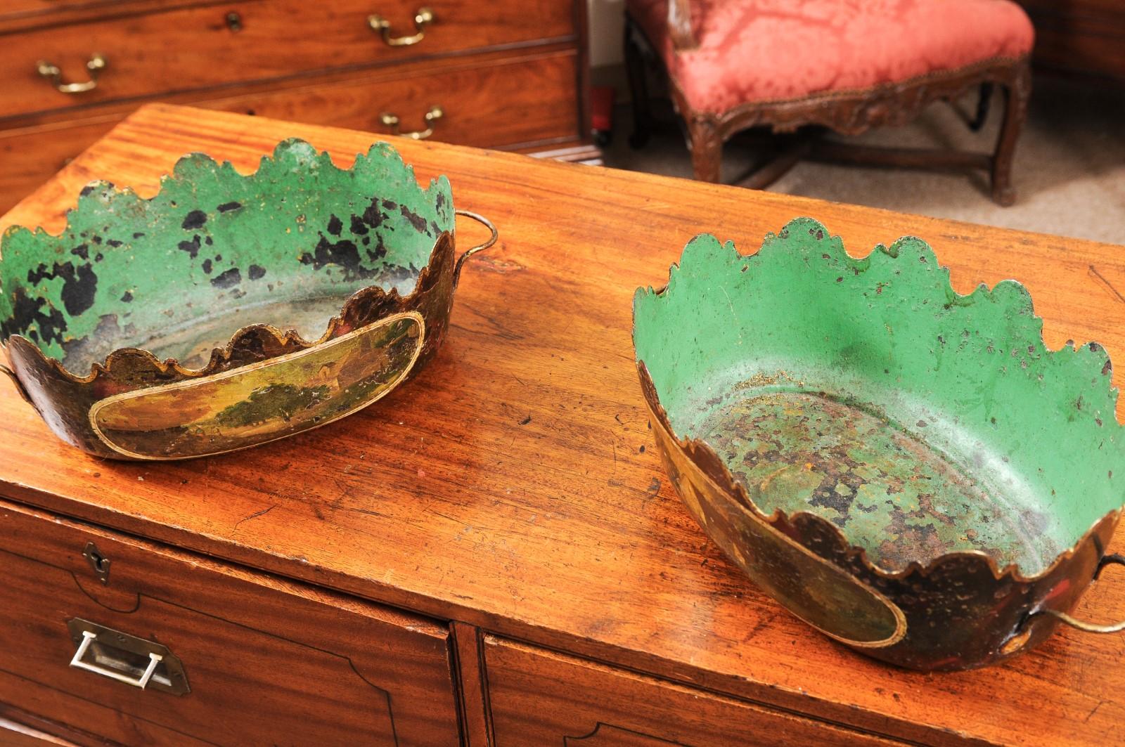 19th Century French Tole Cachepots with Painted Decor 8