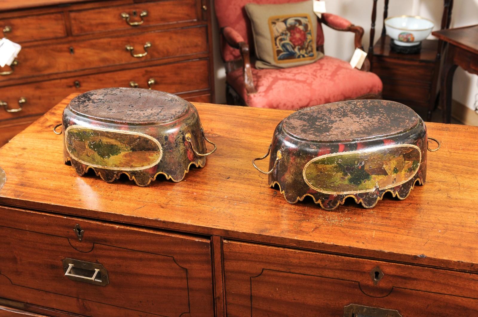 19th Century French Tole Cachepots with Painted Decor 9