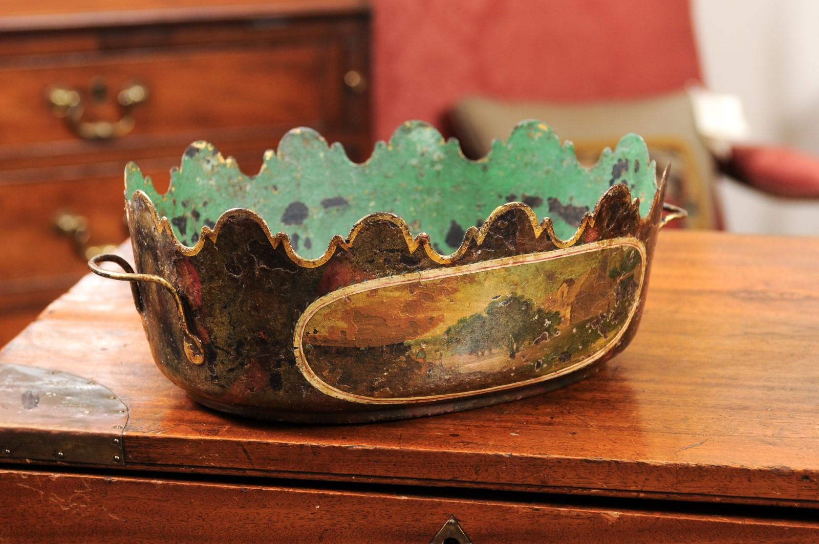 19th Century French Tole Cachepots with Painted Decor In Good Condition In Atlanta, GA