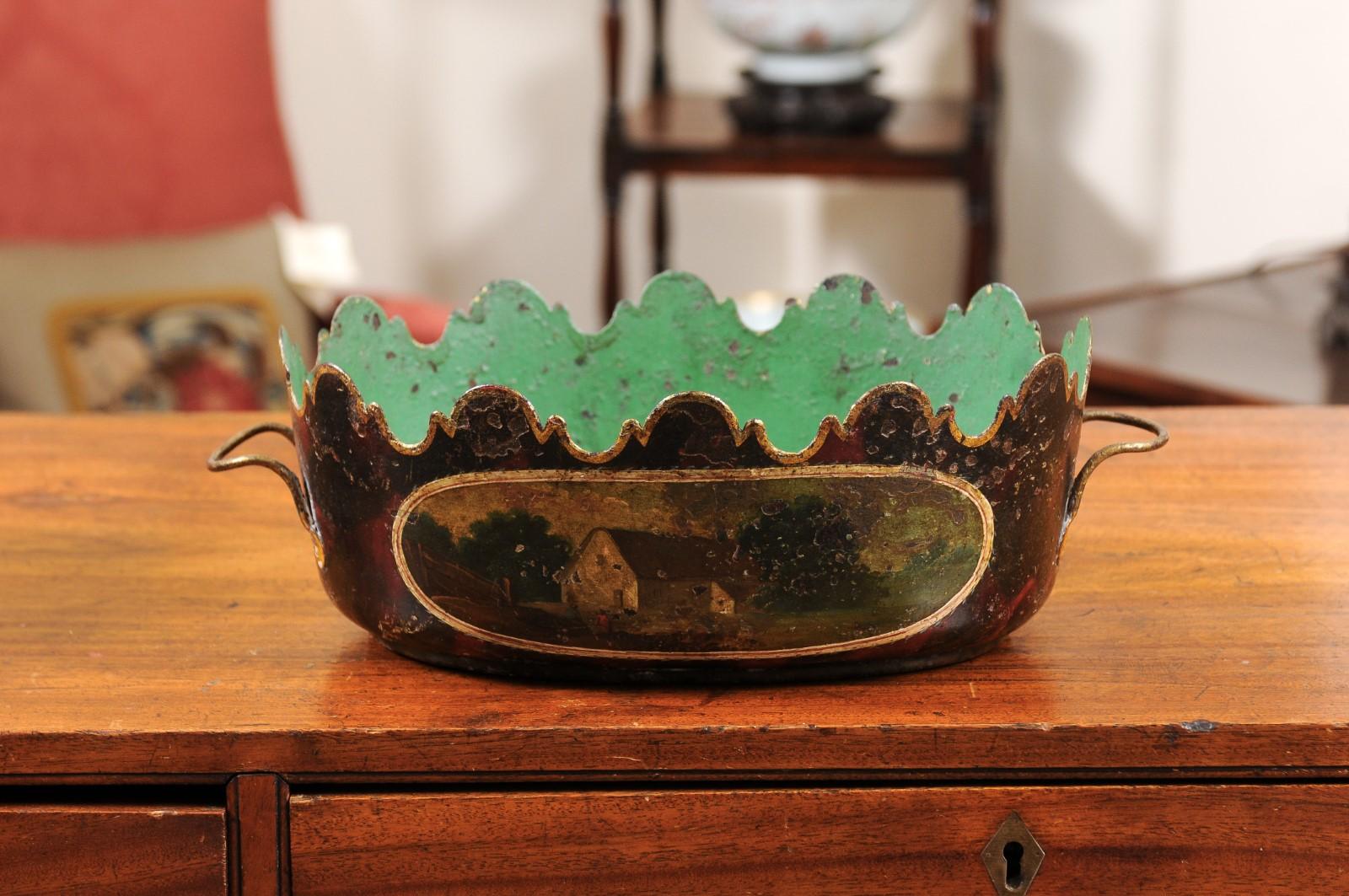 Metal 19th Century French Tole Cachepots with Painted Decor