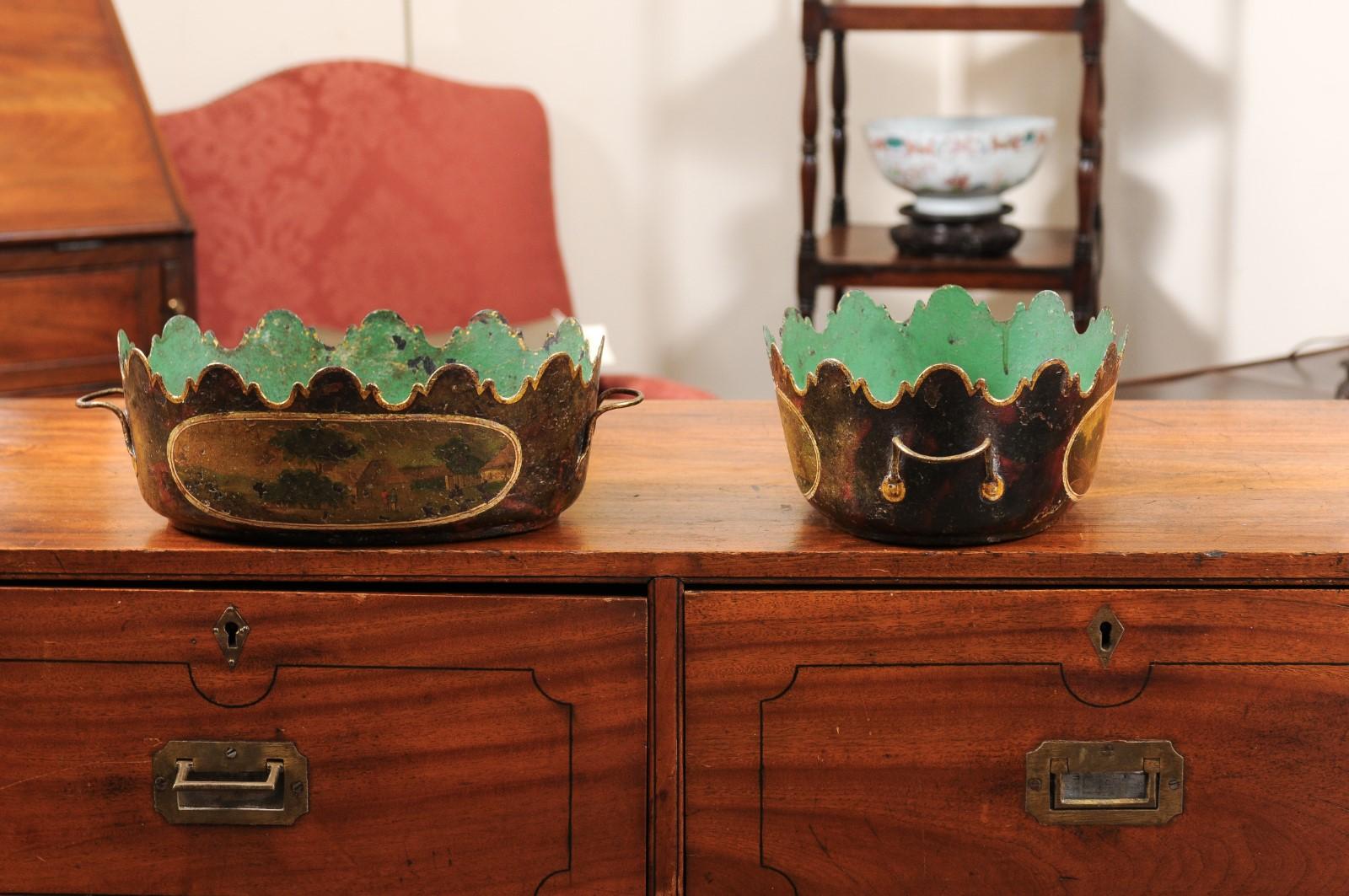 19th Century French Tole Cachepots with Painted Decor 3