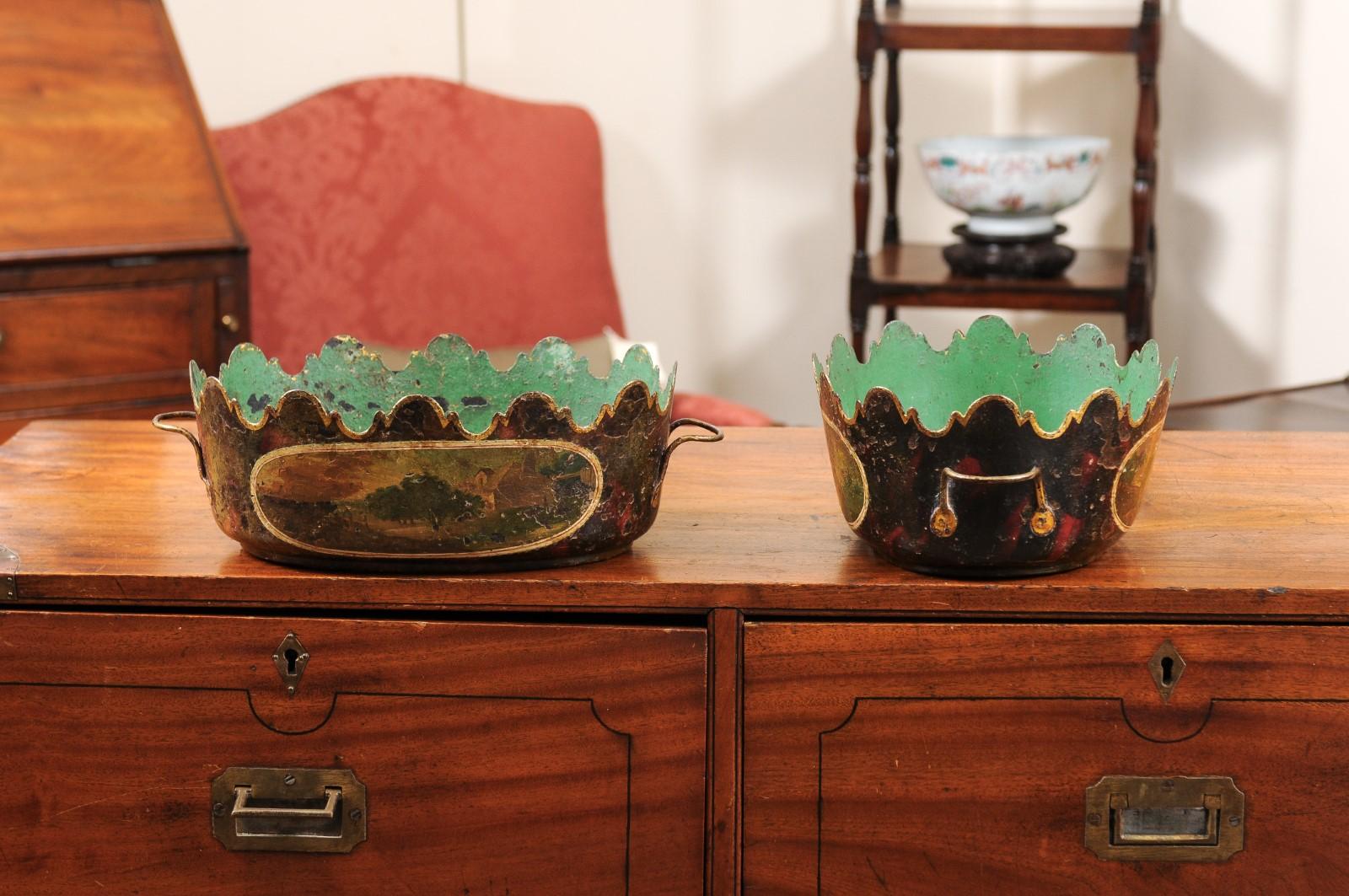 19th Century French Tole Cachepots with Painted Decor 5