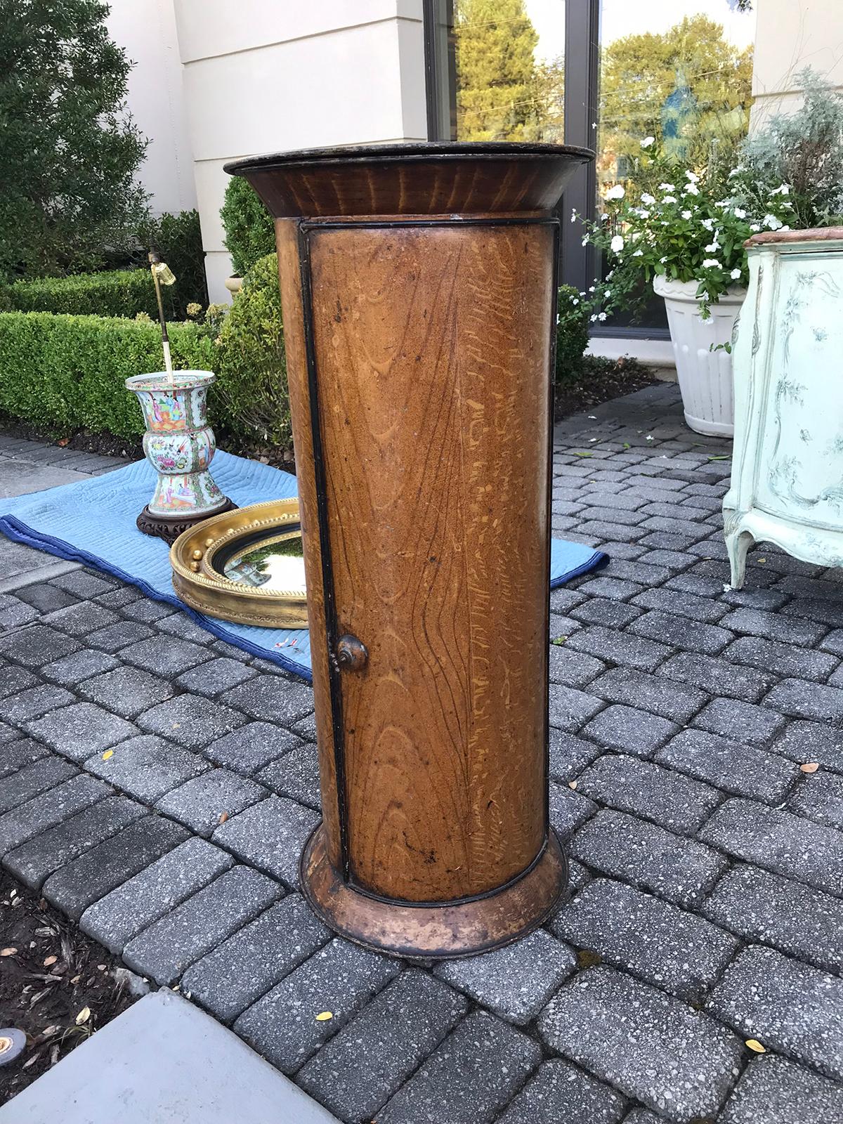 19th century French tole faux bois column pedestal or serviette/plate warmer.