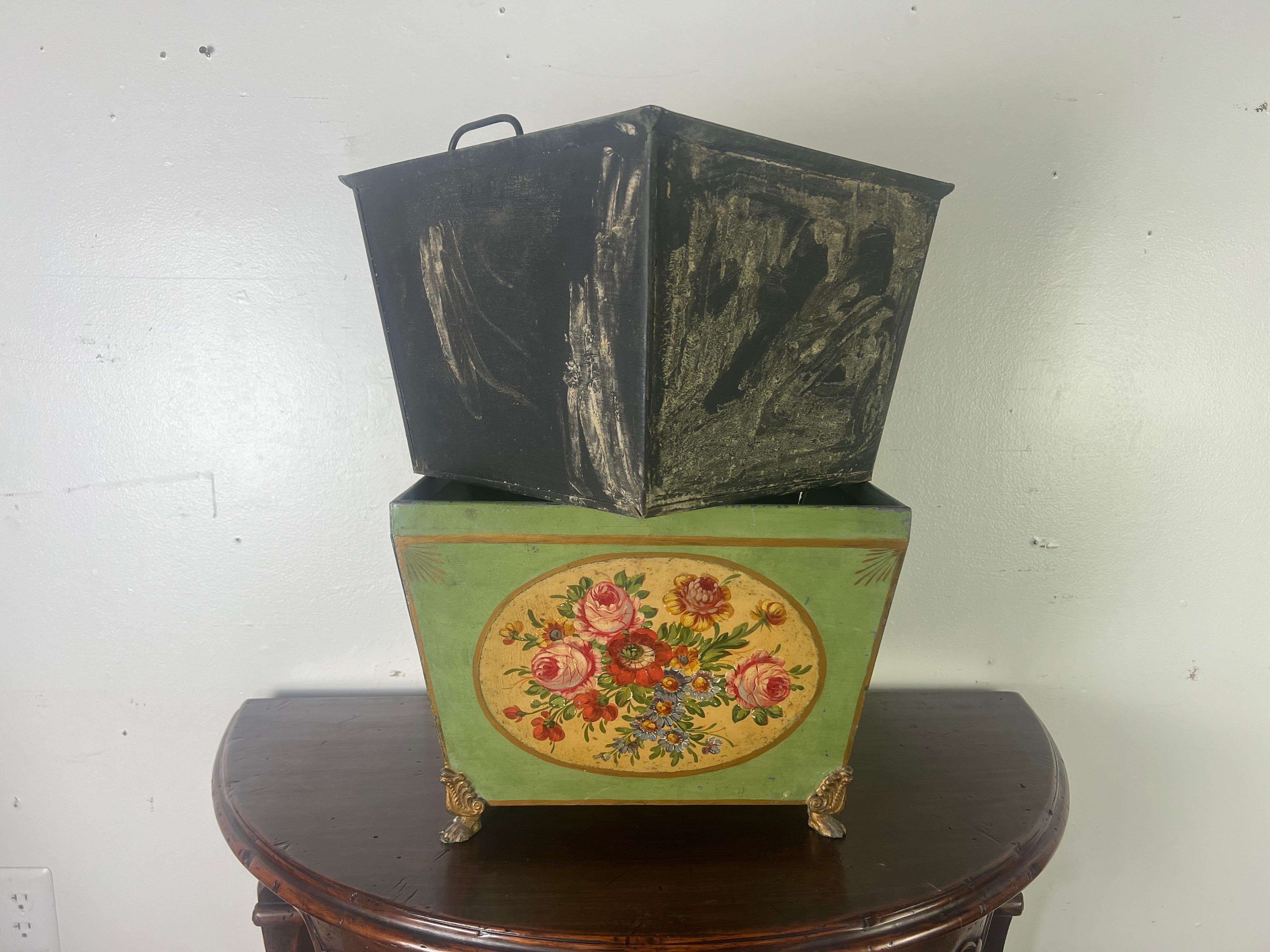 19th century French Tole Hand Painted Planter w/ Liner For Sale 8