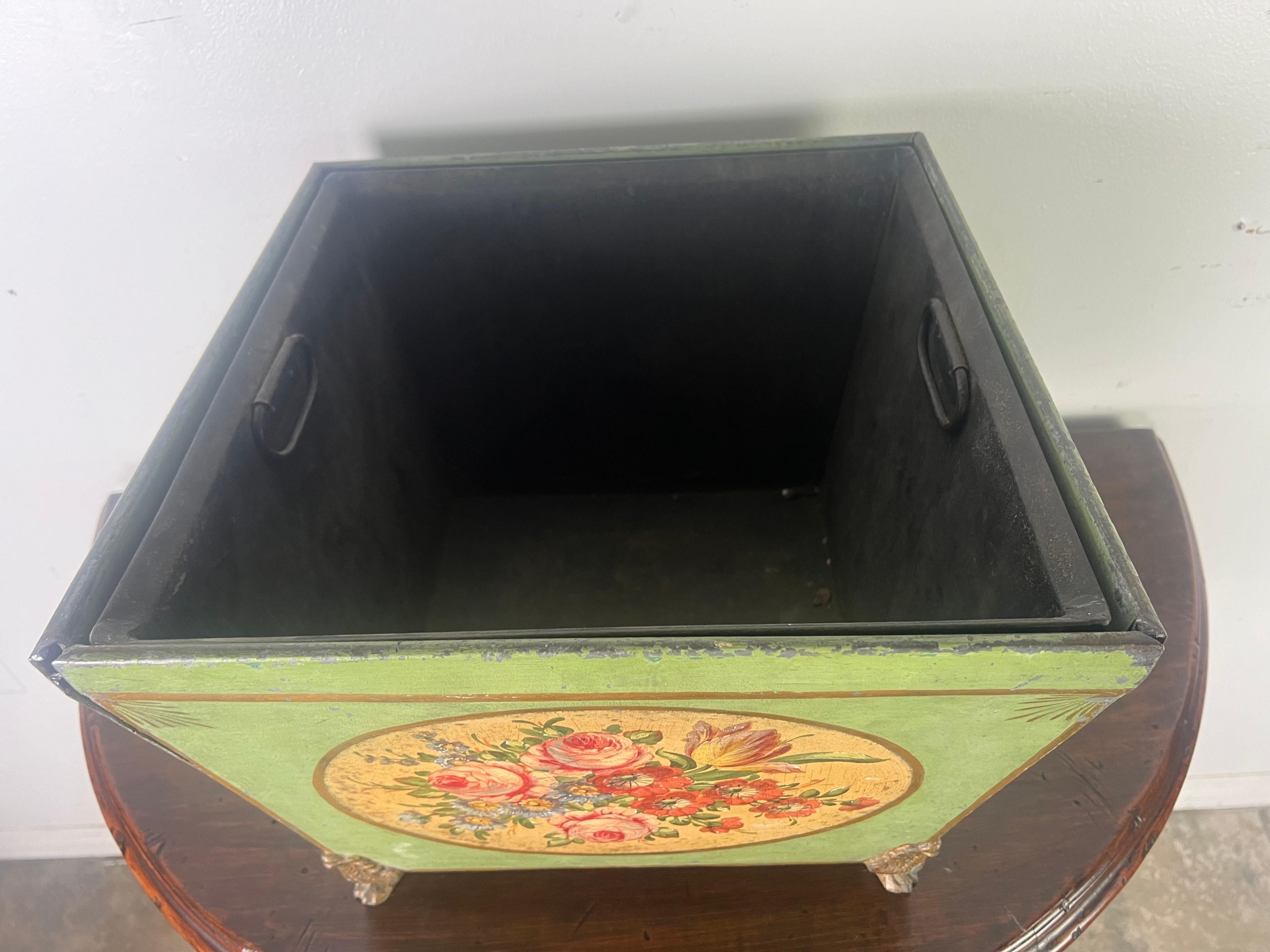 Metal 19th century French Tole Hand Painted Planter w/ Liner For Sale