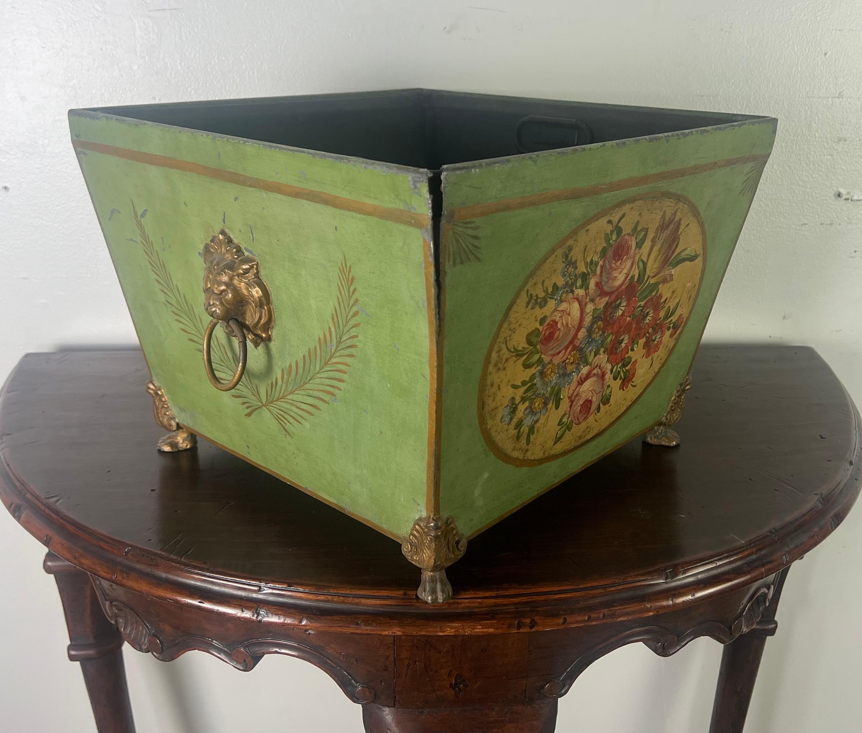 19th century French Tole Hand Painted Planter w/ Liner For Sale 1
