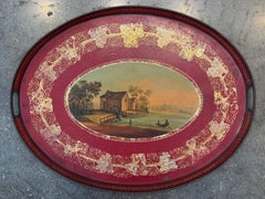 19th Century French Tole Tray With Hand-Painted Harbor Scene