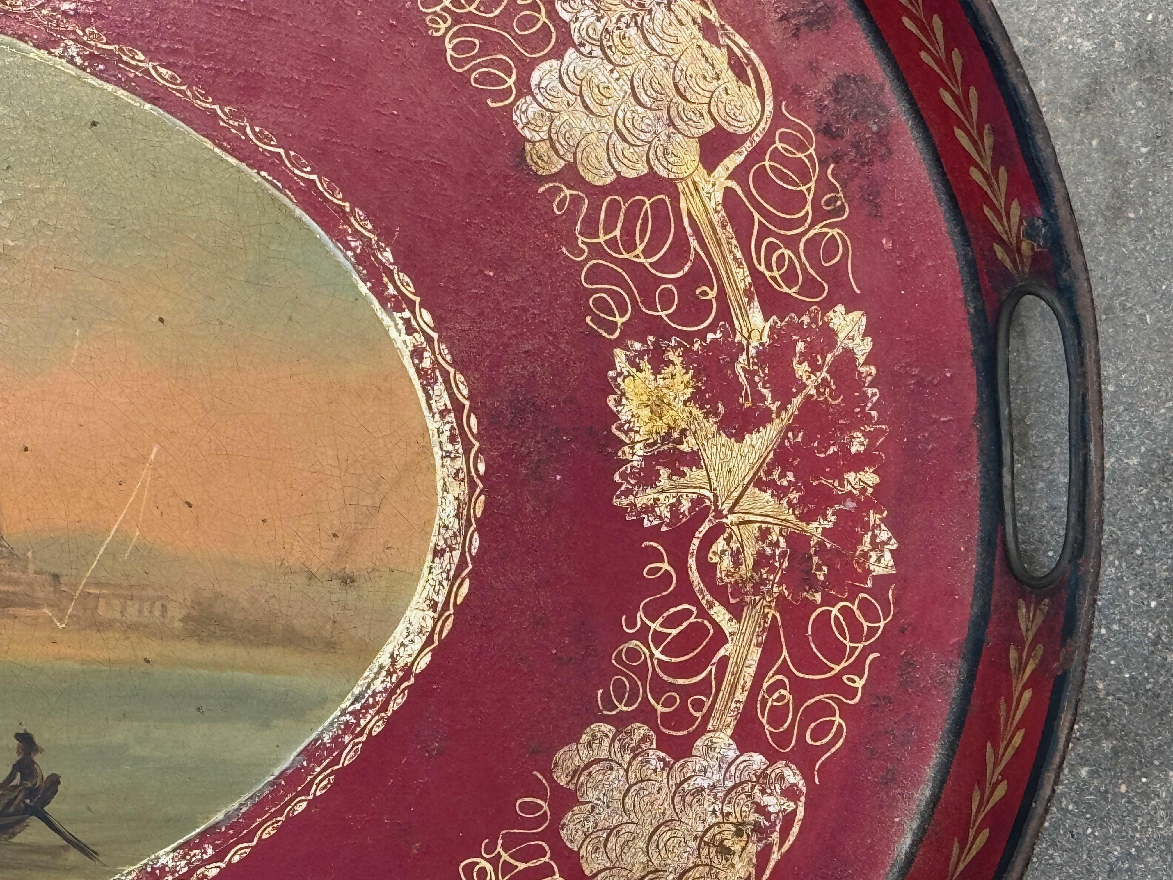 Metallo Vassoio francese del XIX secolo con scena del porto dipinta a mano in vendita