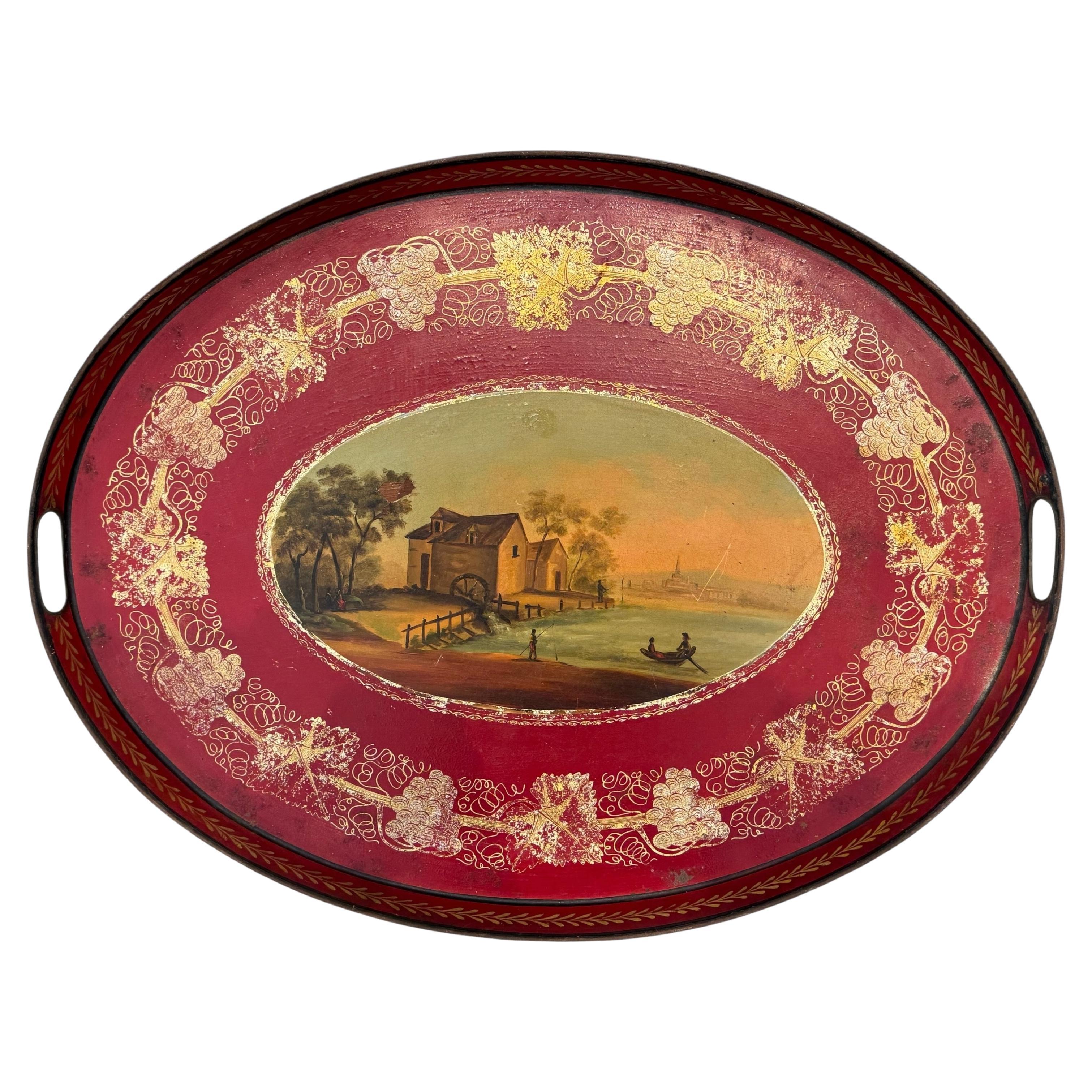 Bandeja francesa del siglo XIX con escena portuaria pintada a mano