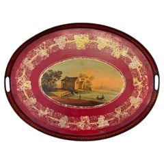 19th Century French Tole Tray With Hand-Painted Harbor Scene