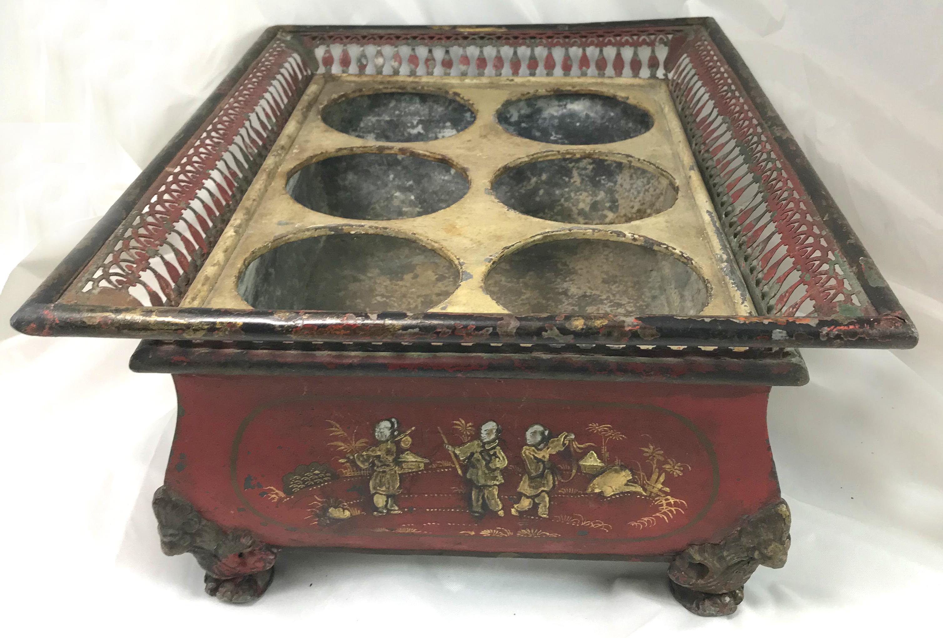 Polychromed 19th Century French Tole Wine Caddy with Chinese Decoration