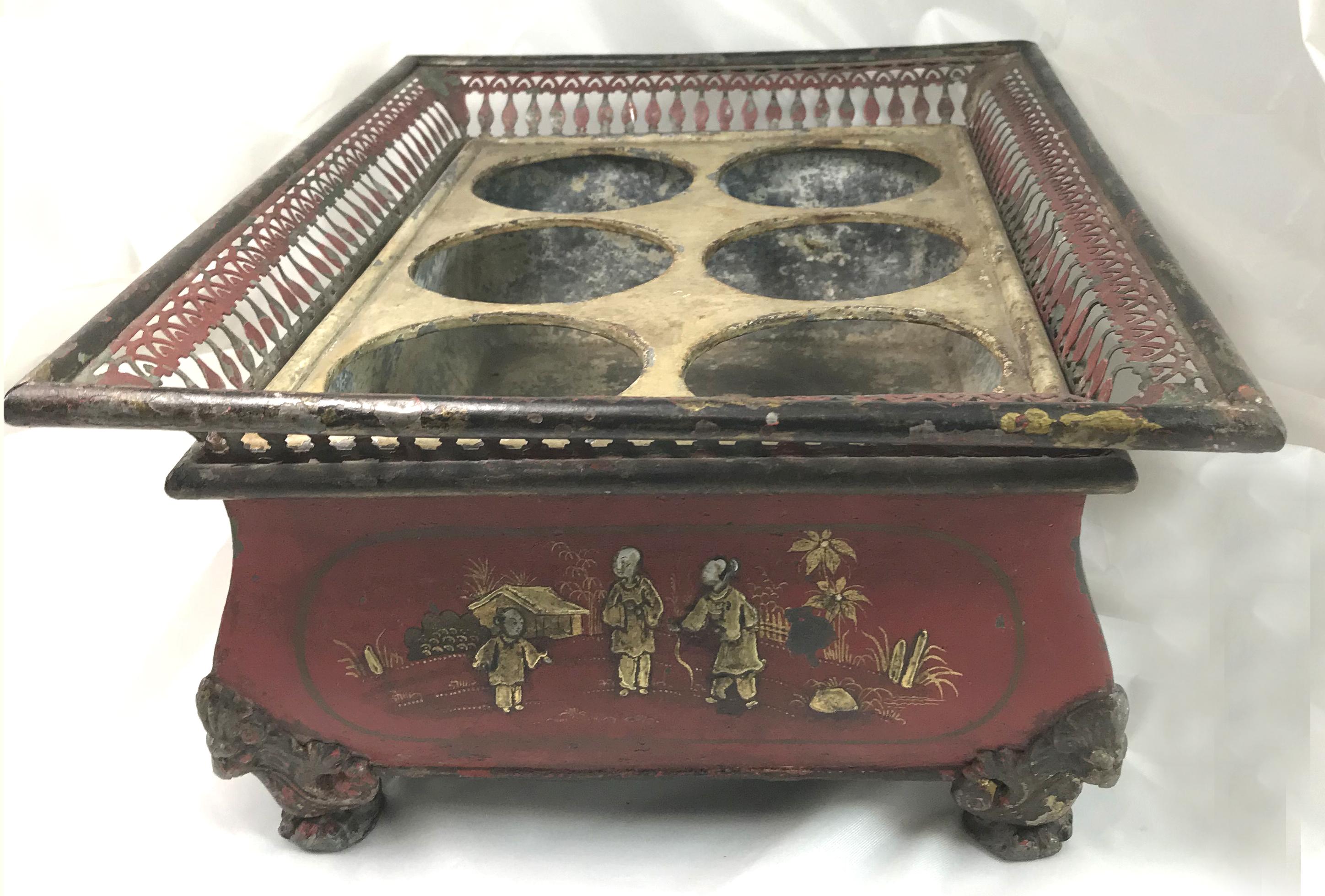Tin 19th Century French Tole Wine Caddy with Chinese Decoration