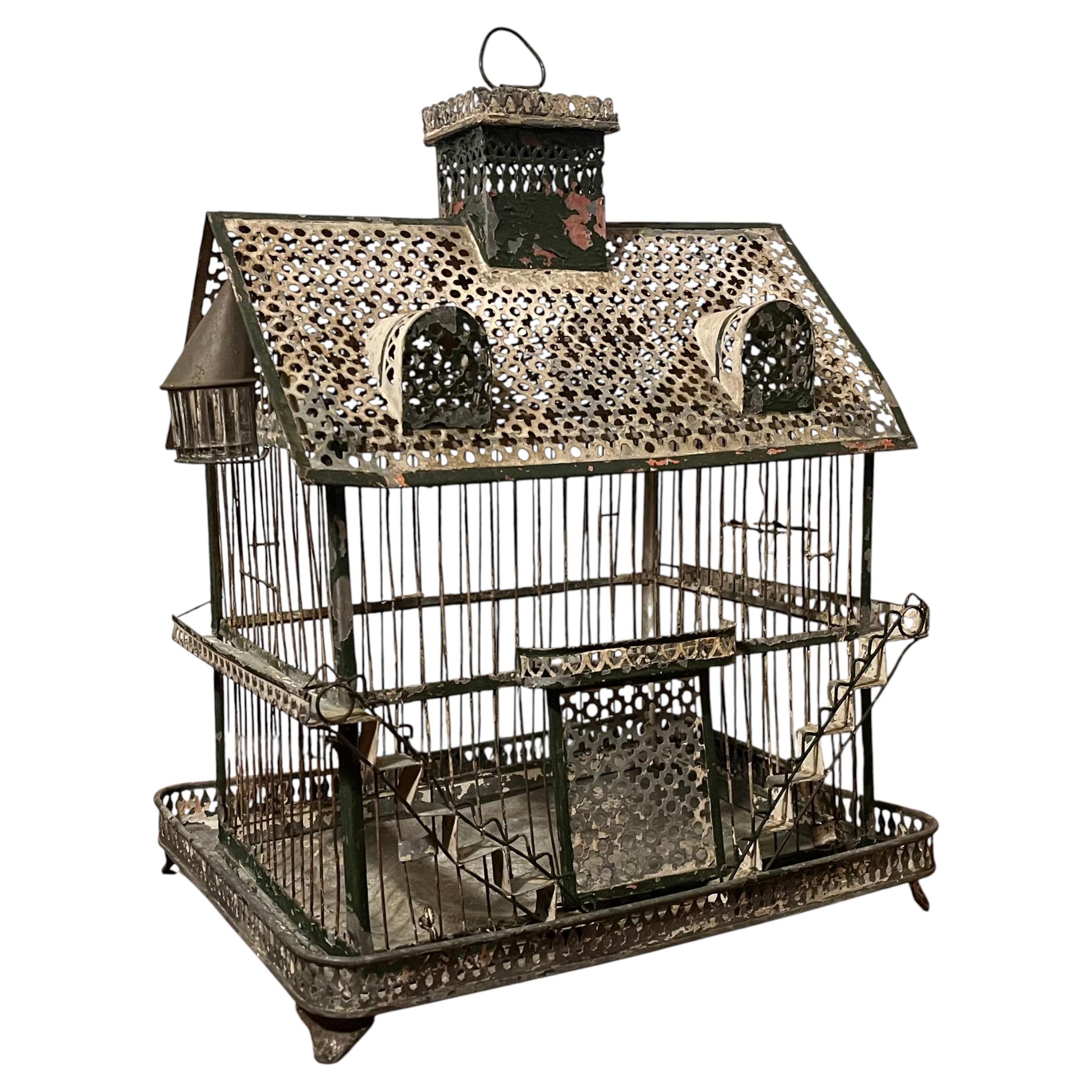 19th Century French Tole & Wire Victorian House Form Bird Cage