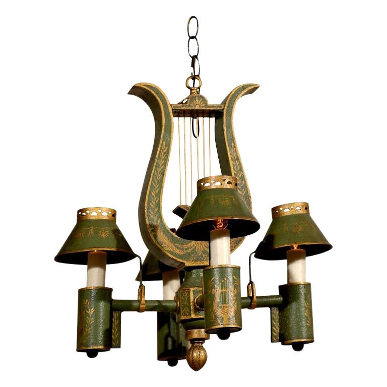 French Neoclassical Style Painted Tôle Four-Light Chandelier with Lyre Motif