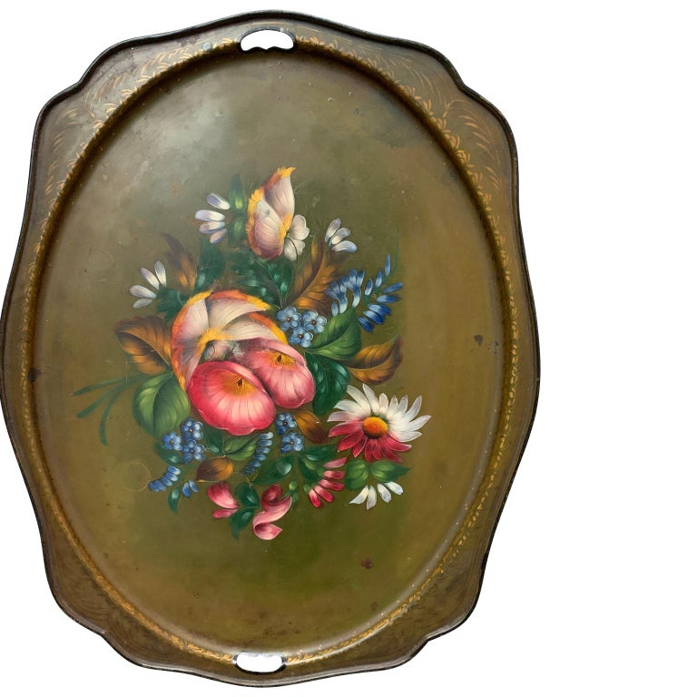 Hand-Painted 19th Century French Toleware Painted Tray For Sale