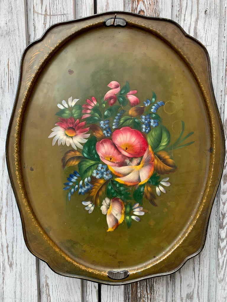Metal 19th Century French Toleware Painted Tray For Sale