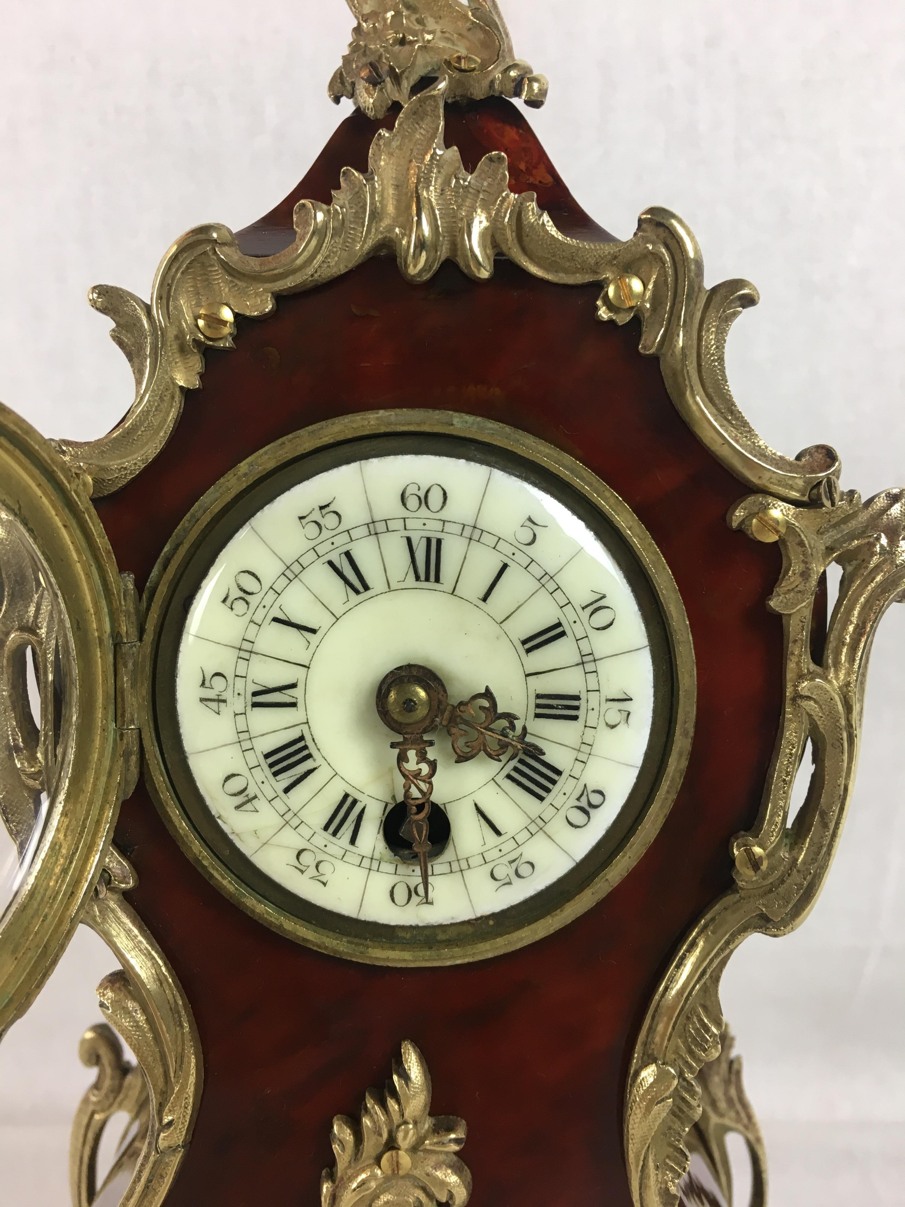 Louis XV 19th Century French Cartel Mantel Desk Clock Ormolu Mounts, Boulle Style For Sale