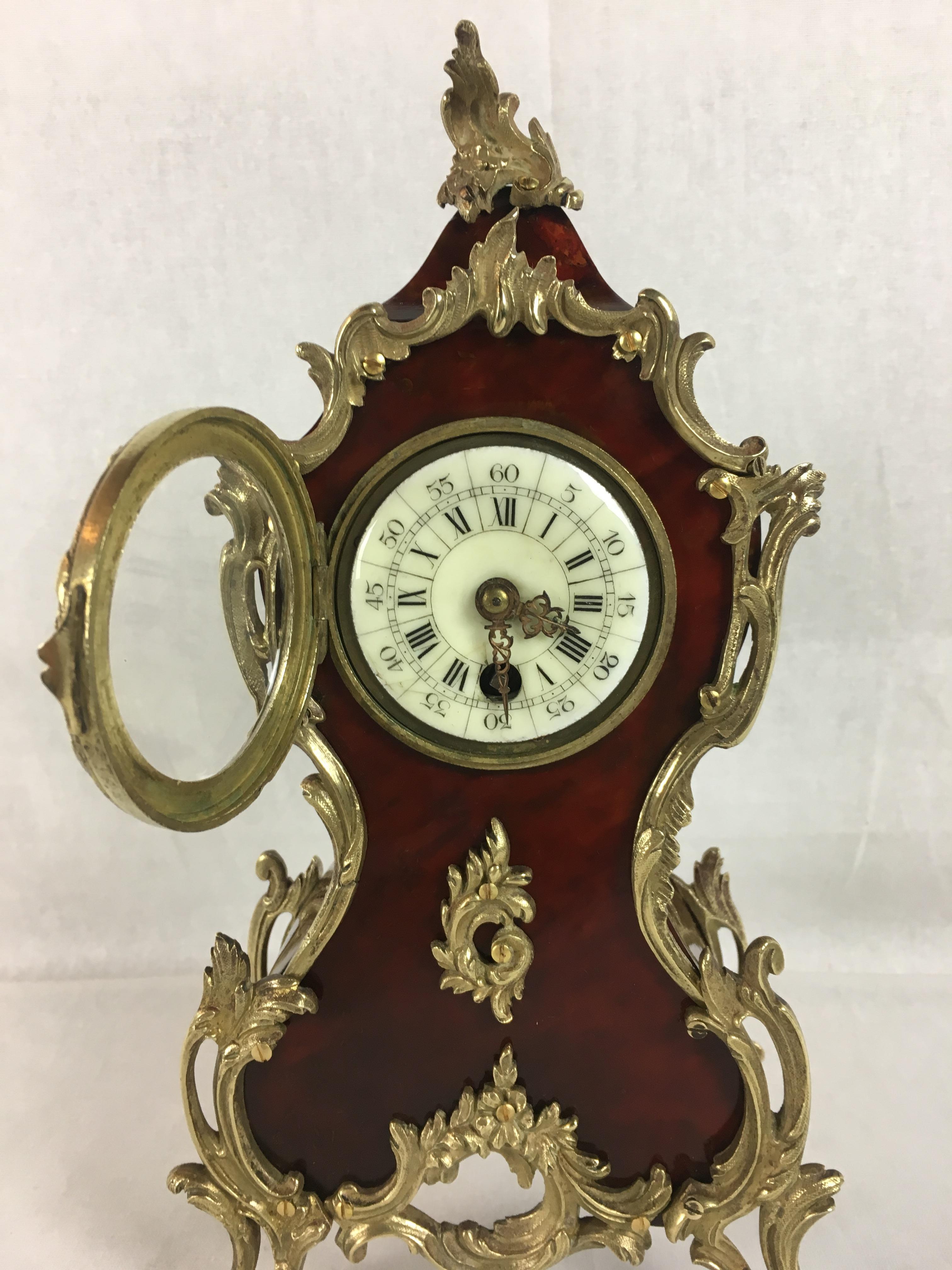 Hand-Crafted 19th Century French Cartel Mantel Desk Clock Ormolu Mounts, Boulle Style For Sale