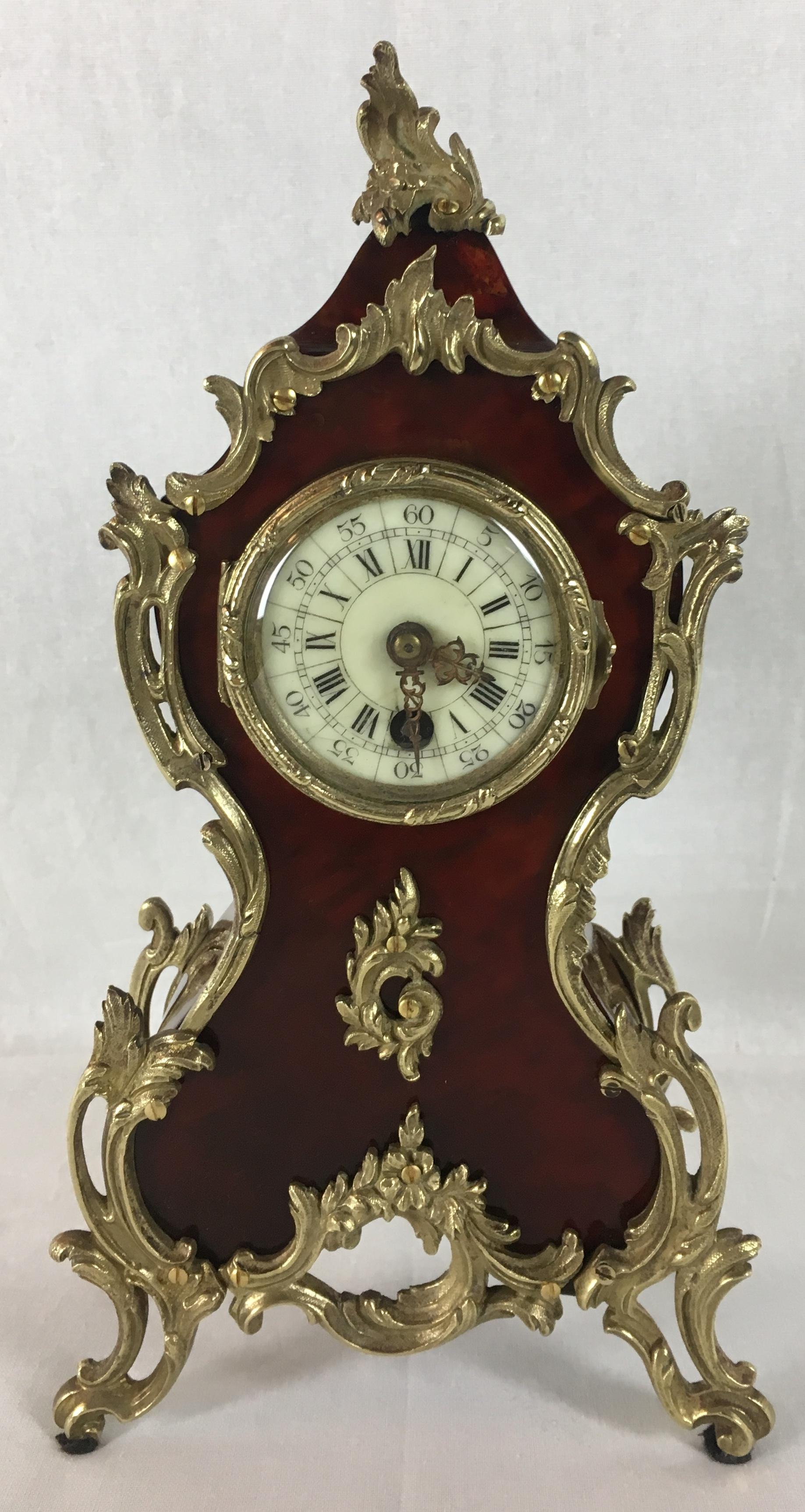 Brass 19th Century French Cartel Mantel Desk Clock Ormolu Mounts, Boulle Style For Sale