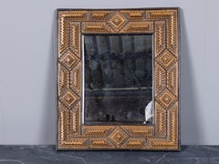 19th Century French Tramp Art Wall Mirror with Geometric Chip-Carved Frame