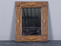 19th Century French Tramp Art Wall Mirror with Geometric Chip-Carved Frame