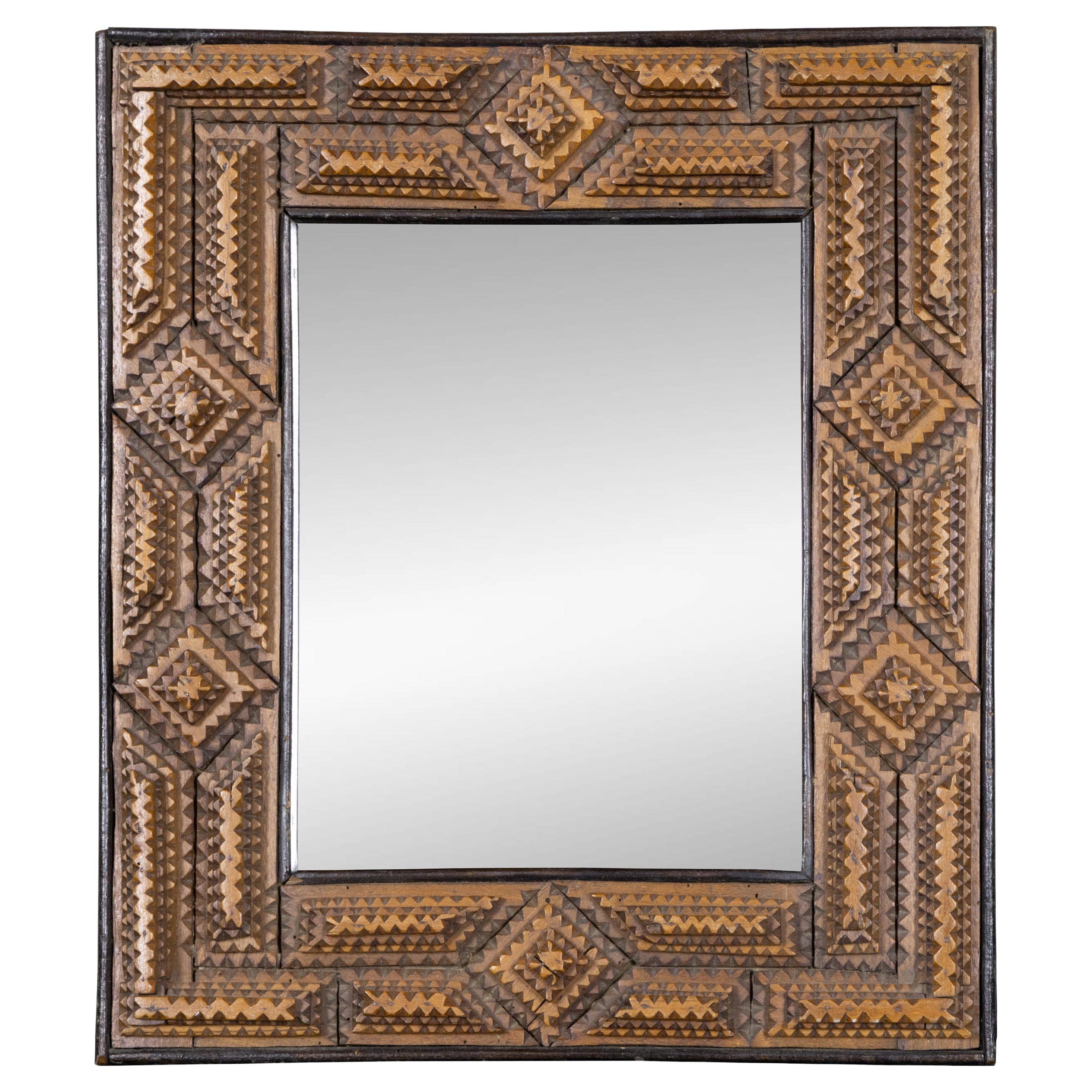 19th Century French Tramp Art Wall Mirror with Geometric Chip-Carved Frame