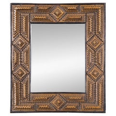 19th Century French Tramp Art Wall Mirror with Geometric Chip-Carved Frame
