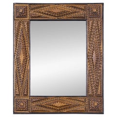 19th Century French Tramp Art Wall Mirror with Geometric Chip-Carved Frame