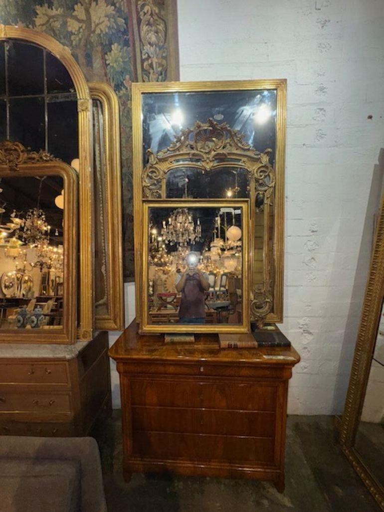 Lo specchio francese di transizione in legno dorato del 19° secolo presenta una cornice rifinita in legno dorato, che mette in evidenza una miscela di design tradizionale francese con elementi di transizione. Questo pezzo antico emana eleganza e