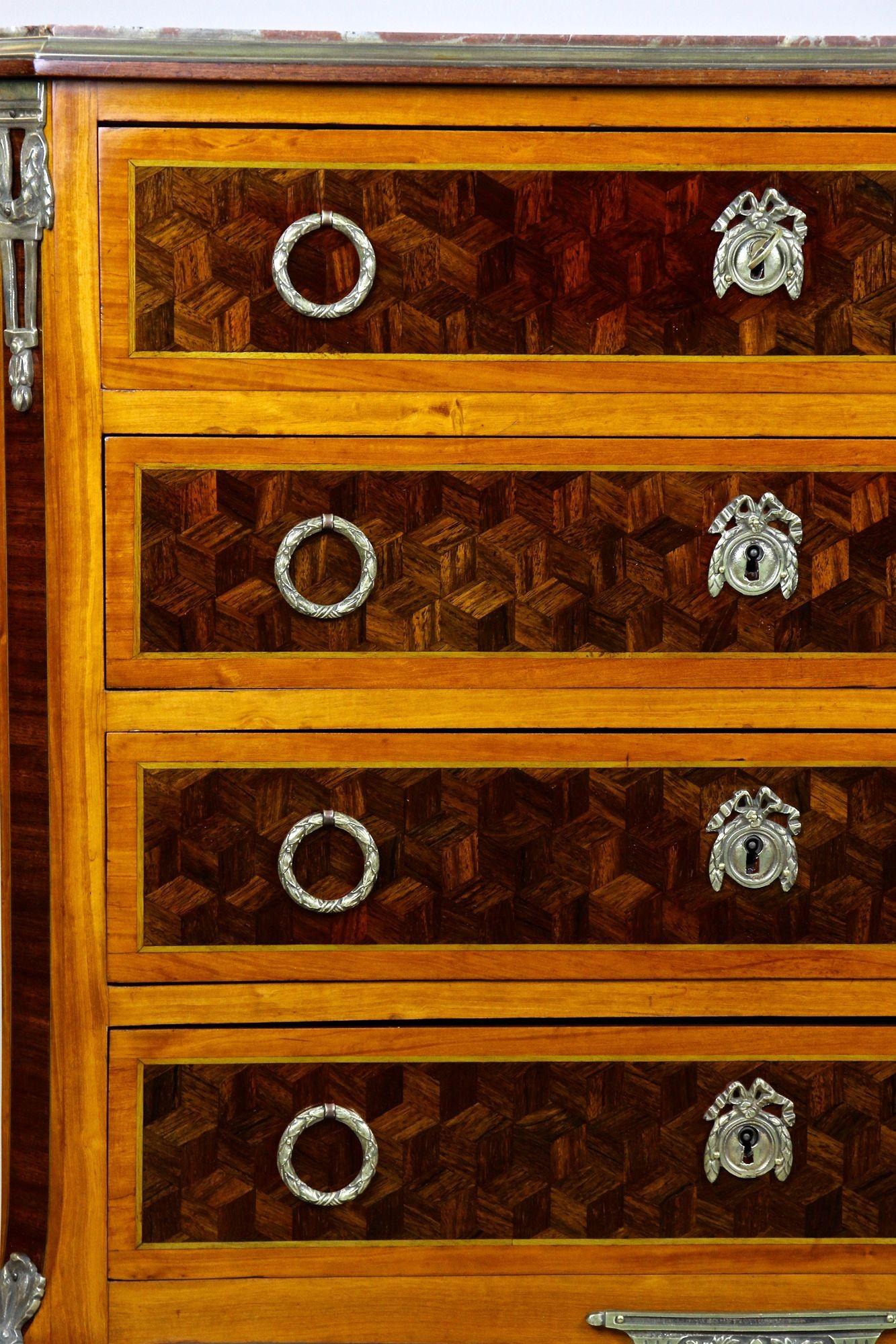 19th Century French Transitional Marquetry Chest of Drawers, France, circa 1870 For Sale 4