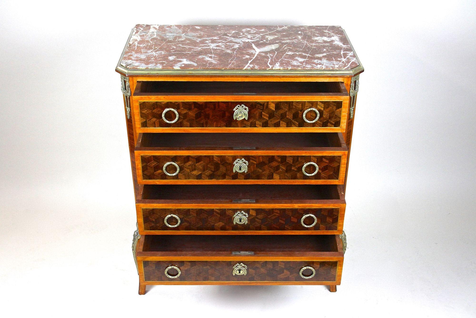 Polished 19th Century French Transitional Marquetry Chest of Drawers, France, circa 1870 For Sale
